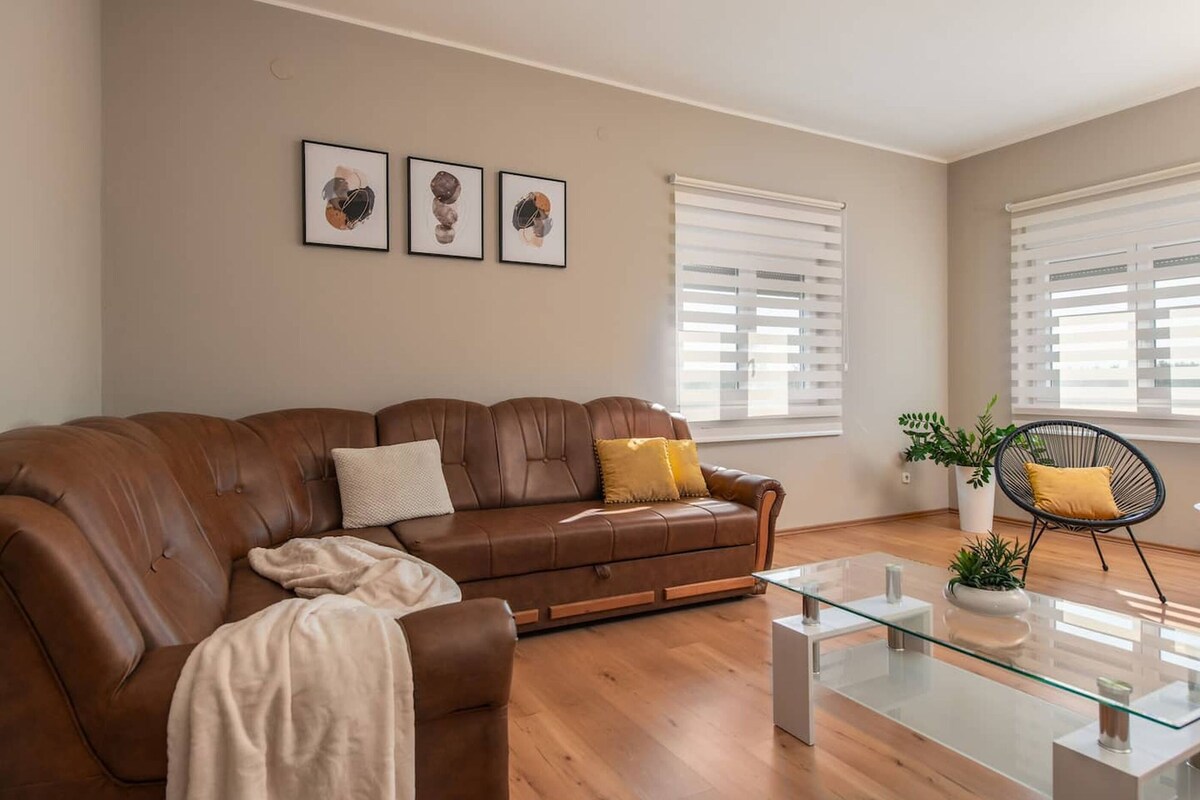 A living room with a brown leather sofa, a glass coffee table, and a potted plant.