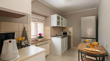 Apartment (A1) | Private kitchen | Fridge, microwave, oven, stovetop
