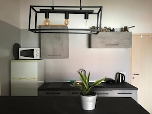 Eine moderne Küche mit schwarzem Arbeitsplatz, einer weißen Mikrowelle, einem Blumentopf und einer Pendelleuchte.
