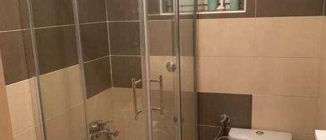 Une salle de bain avec une douche à parois de verre, des toilettes et un lavabo.