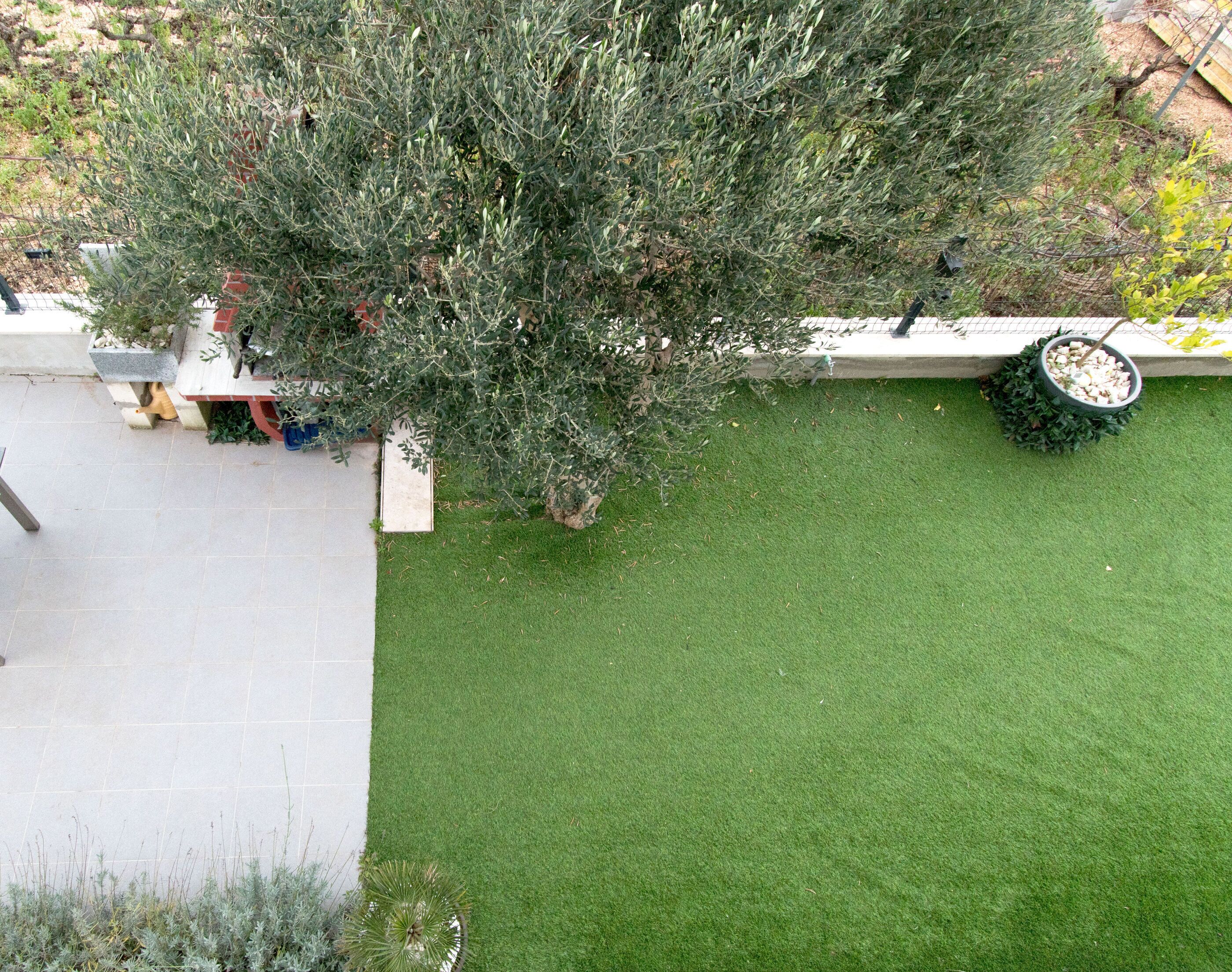Un jardín bien cuidado con césped, un árbol grande y un macetero de ladrillo con plantas.