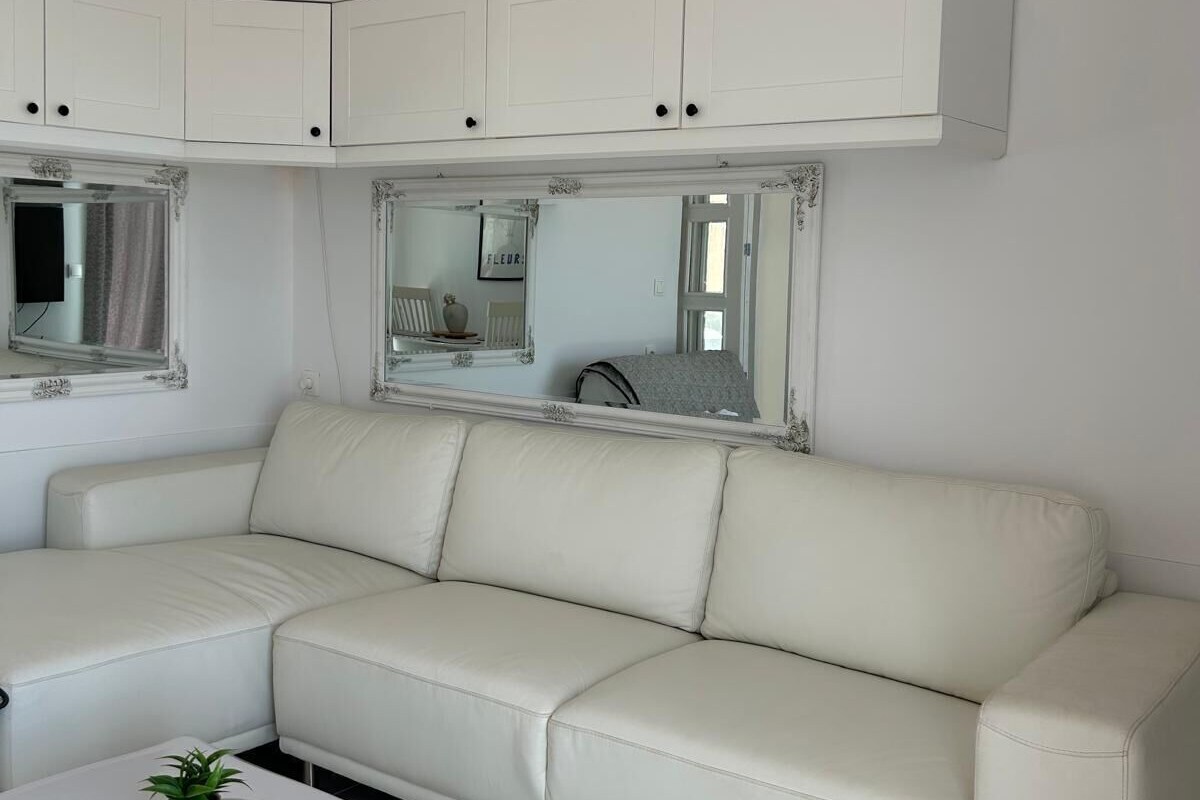 A white leather sofa, a white table with a plant, and a white air conditioning unit mounted on the wall.