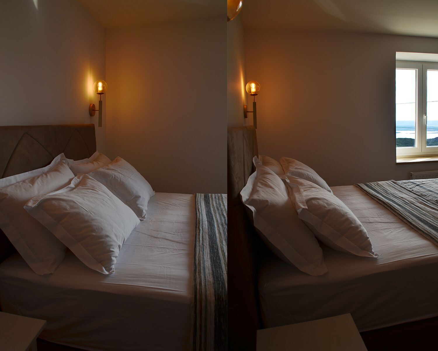 A room with two beds, each with white bedding and pillows, and a window providing a view.