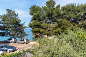 A coastal area with parked cars, dense green trees, and a clear view of the sea. - Apartment Kalma (Zadar)