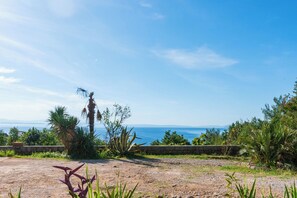 A coastal landscape with a clear sky, a dirt path, and various plants. - Apartment Sea View (Opatija)