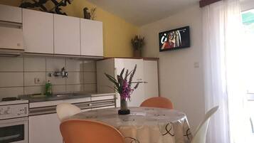 Apartment (A2) | Private kitchen | Fridge, stovetop, cookware/dishes/utensils, cleaning supplies