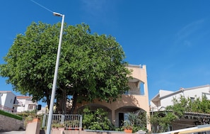 Un edificio con un árbol grande en primer plano, una farola y un cielo azul despejado.