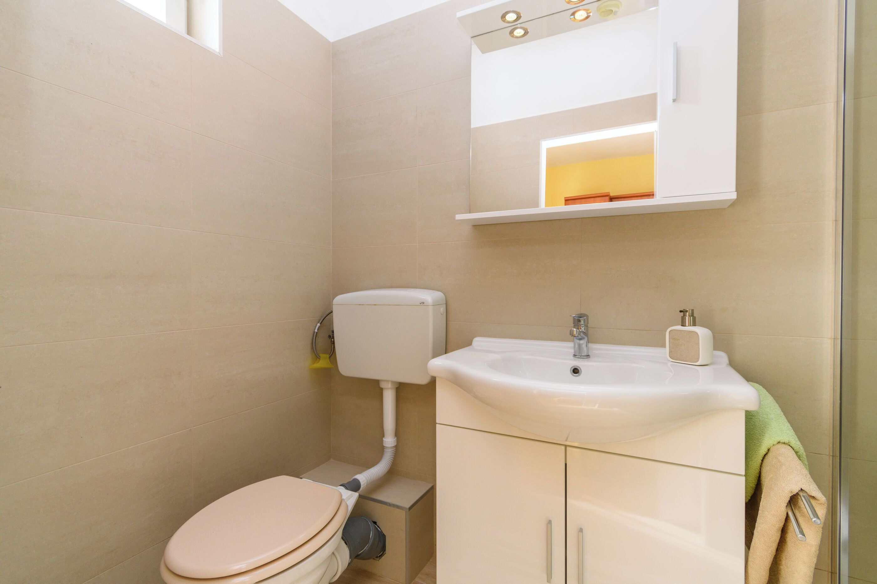 A bathroom with a toilet, sink, and mirror.