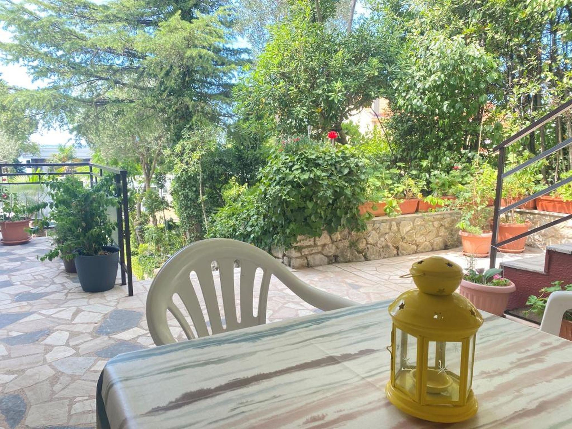 Un patio al aire libre con una mesa, sillas, plantas en macetas y un farol amarillo.