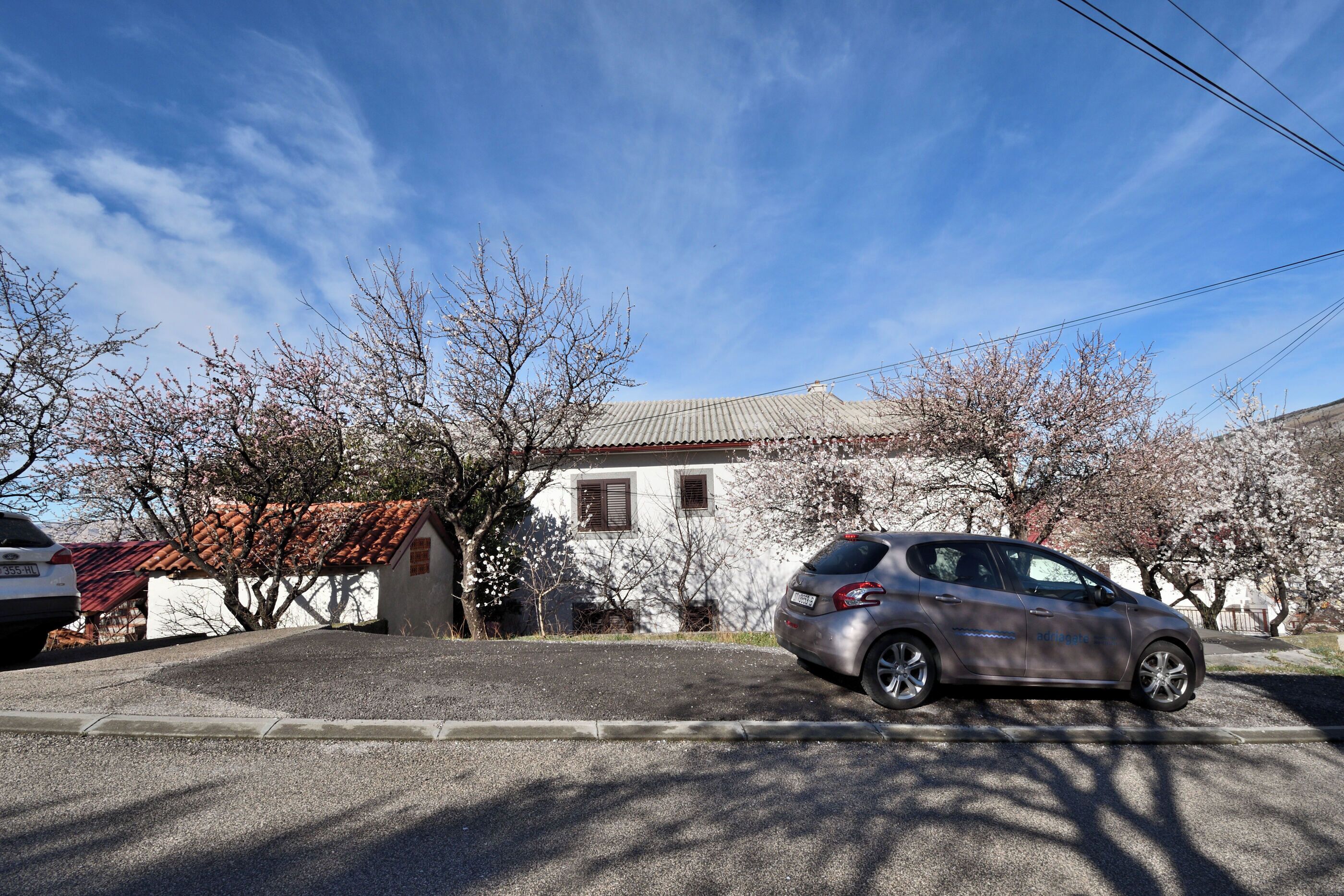 Un quartier résidentiel avec une voiture garée, une maison avec un toit en tuiles et des arbres sans feuilles.
