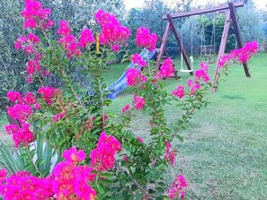 A garden with pink flowers, a wooden swing set, and a slide. - House Mira (Buje)