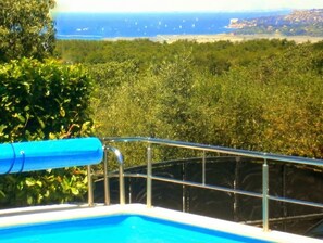 A swimming pool with a metal railing, surrounded by dense greenery and a distant view of a coastline. - House Mira (Buje)