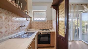 Apartment (A1) | Private kitchen | Fridge, oven, stovetop, electric kettle