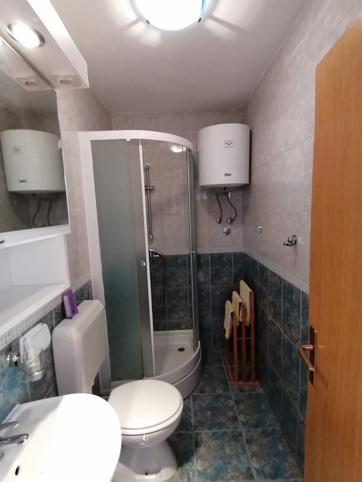 Une salle de bain équipée de toilettes, d’un lavabo, d’une douche et d’un porte-rouleau de papier toilette.