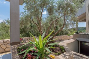 Un espacio al aire libre cubierto con pared de piedra, un árbol y una jardinera con plantas verdes.