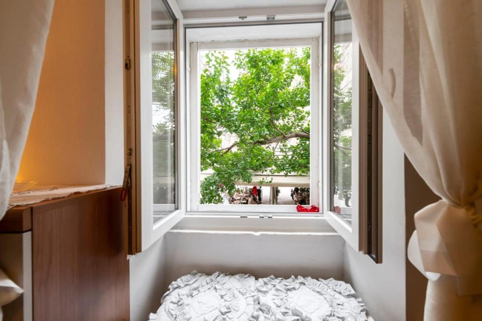 A room with a window, a bed, and a view of a tree and a building outside.