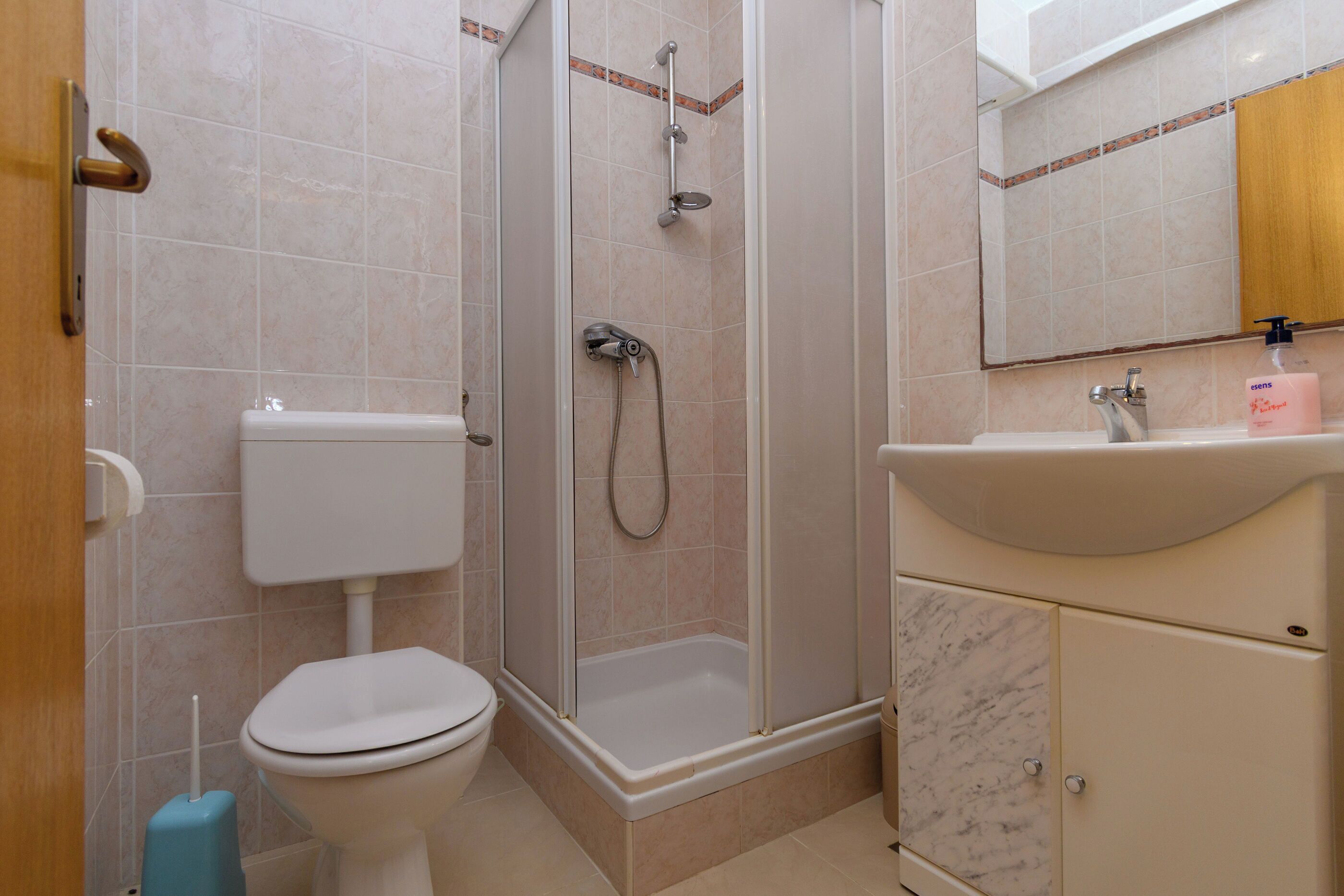 Une salle de bain comprenant des toilettes, un espace douche et un lavabo avec un miroir au-dessus.