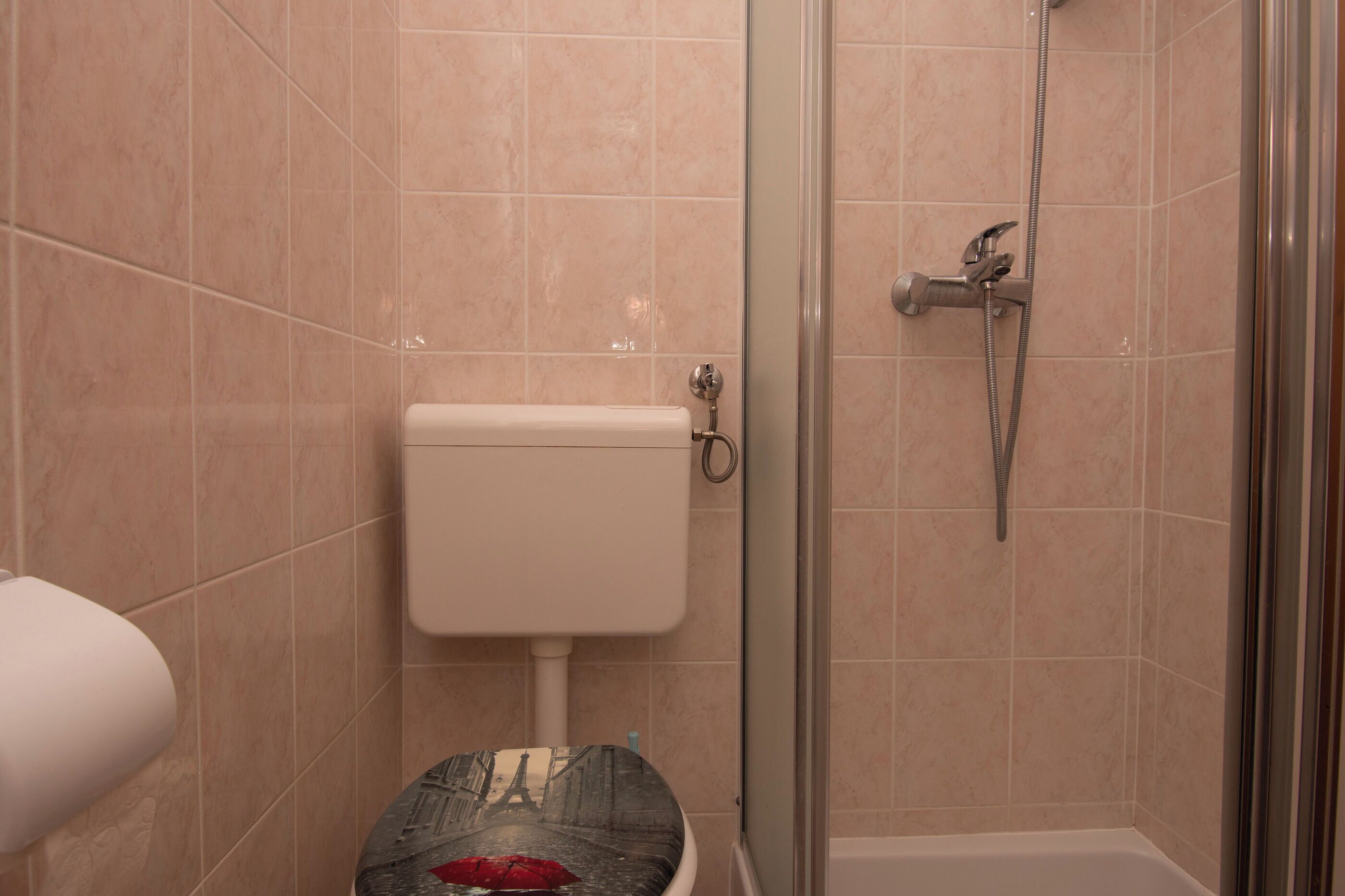 A bathroom with a toilet, a shower, and a glass-enclosed shower stall.