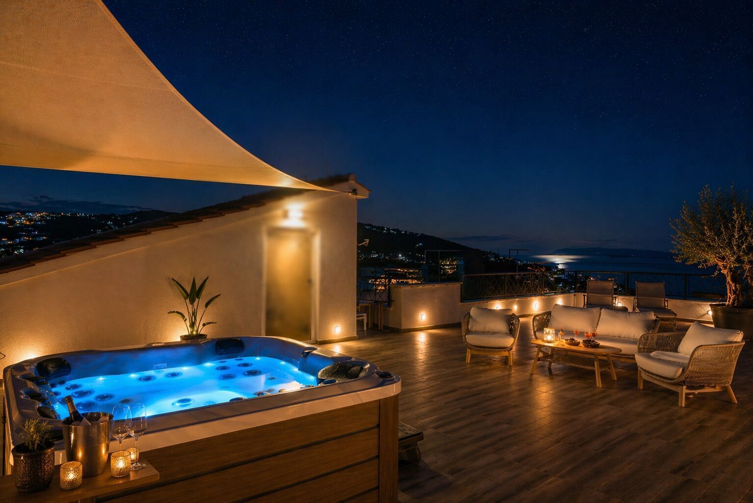A rooftop terrace with a hot tub, outdoor seating, and a view of the city at night.