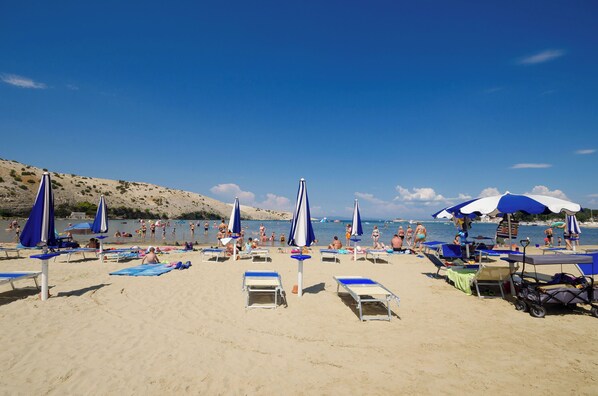 A beach with sun loungers and umbrellas, a clear sky, and a calm sea.