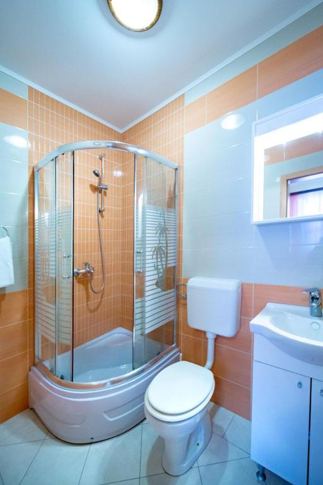 A bathroom with a glass-enclosed shower, a toilet, and a sink.