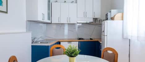 Apartment (A2) | Private kitchen | Fridge, microwave, oven, stovetop