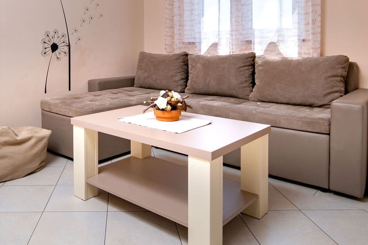 Ein Wohnzimmer mit einer Couch, einem Couchtisch und einer dekorativen Schale darauf.