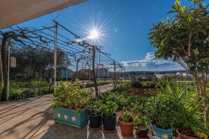 A rooftop garden with potted plants, a metal trellis, and a clear sky. - Apartment Mary (Punat)