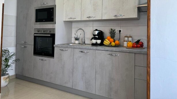 A modern kitchen with grey cabinetry, a built-in oven, microwave, and coffee maker. - House Relax Residence (Liznjan)