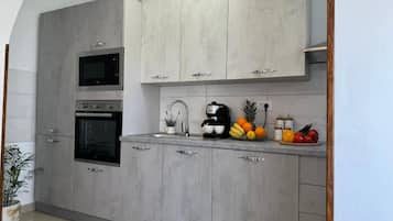 Apartment (A1) | Private kitchen | Fridge, microwave, oven, stovetop