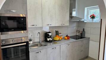 Apartment (A1) | Private kitchen | Fridge, microwave, oven, stovetop