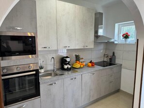 Apartment (A1) | Eigene Küche | Kühlschrank, Mikrowelle, Ofen, Herdplatte