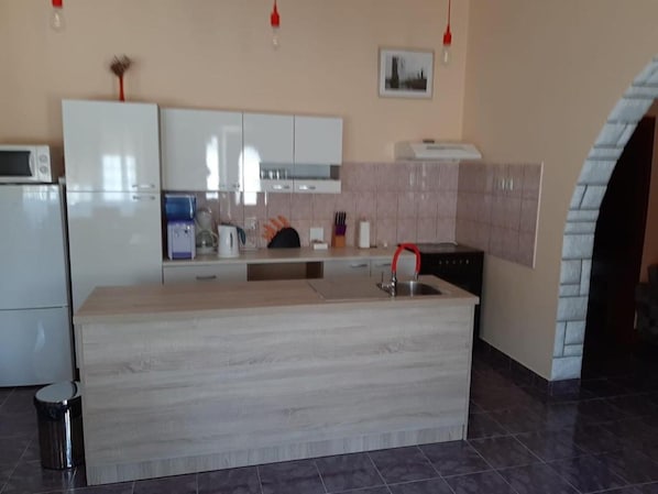 A modern kitchen with white cabinets, a built-in island, a sink, and a microwave. - Apartment Buska (Vir)