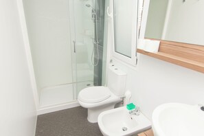 Ein Badezimmer mit einer Duschkabine, einer Toilette, einem Waschbecken und einem Spiegel darüber.