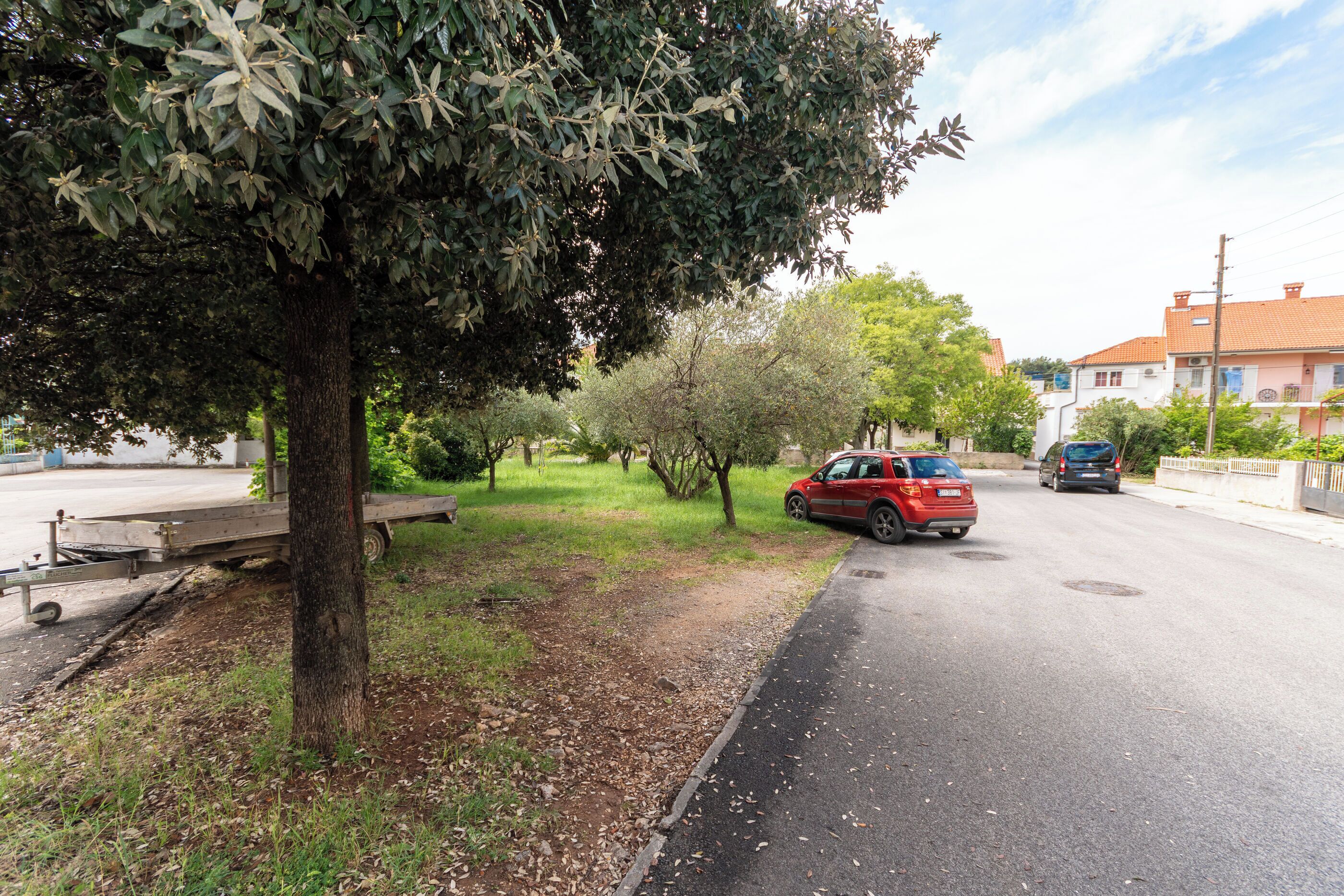 A tree-lined street with parked cars and a bench.