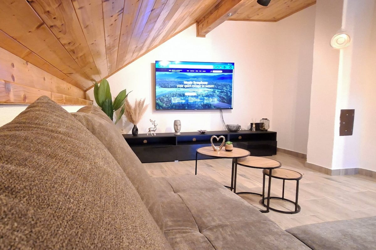 Ein modernes Wohnzimmer mit Holzboden, einem großen Flachbildfernseher, einer Couch und einem kleinen Tisch mit einer Pflanze.