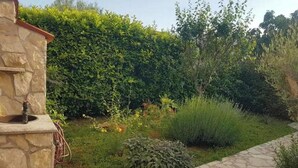 A stone structure with a water feature, a stone pathway, and a variety of plants and shrubs. - Apartment Niko (Pula)
