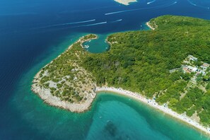 Vista aérea de una zona costera con playa, aguas cristalinas y abundante vegetación.
