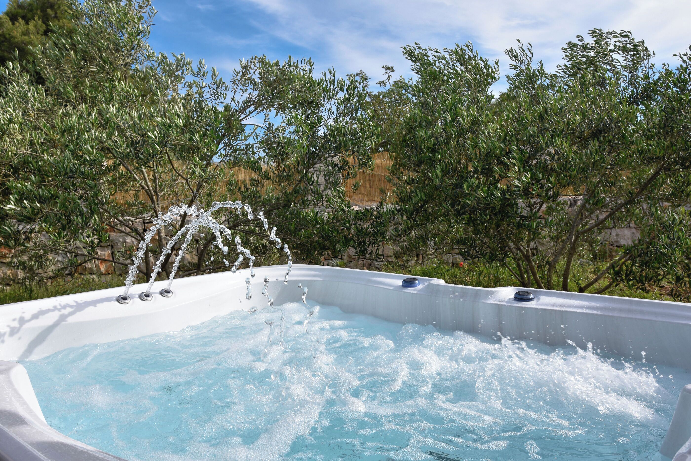 Ein Whirlpool mit Wasserstrahlen, umgeben von viel Grün und einer Steinmauer.
