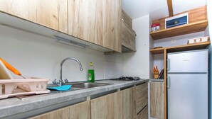 A kitchen with wooden cabinets, a stainless steel sink, a gas stove, and a refrigerator. - Mobile Home Fisherman (Pasman)