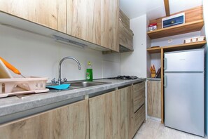 Eine Küche mit Holzschränken, einer Spüle aus Edelstahl, einem Gaskochfeld und einem Kühlschrank.