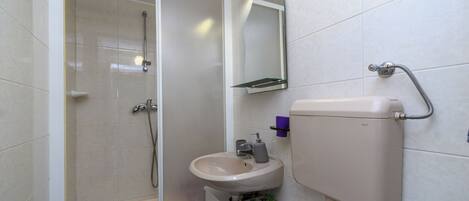 Un baño con ducha, lavamanos, inodoro y espejo.
