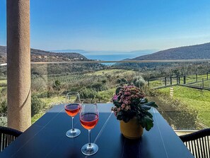 Une table avec deux verres à vin et une plante en pot, donnant sur un paysage pittoresque avec des collines et une étendue d’eau.