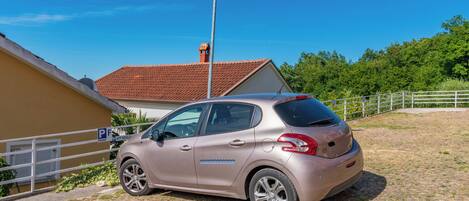 Une voiture à hayon de couleur beige est garée sur une allée pavée.