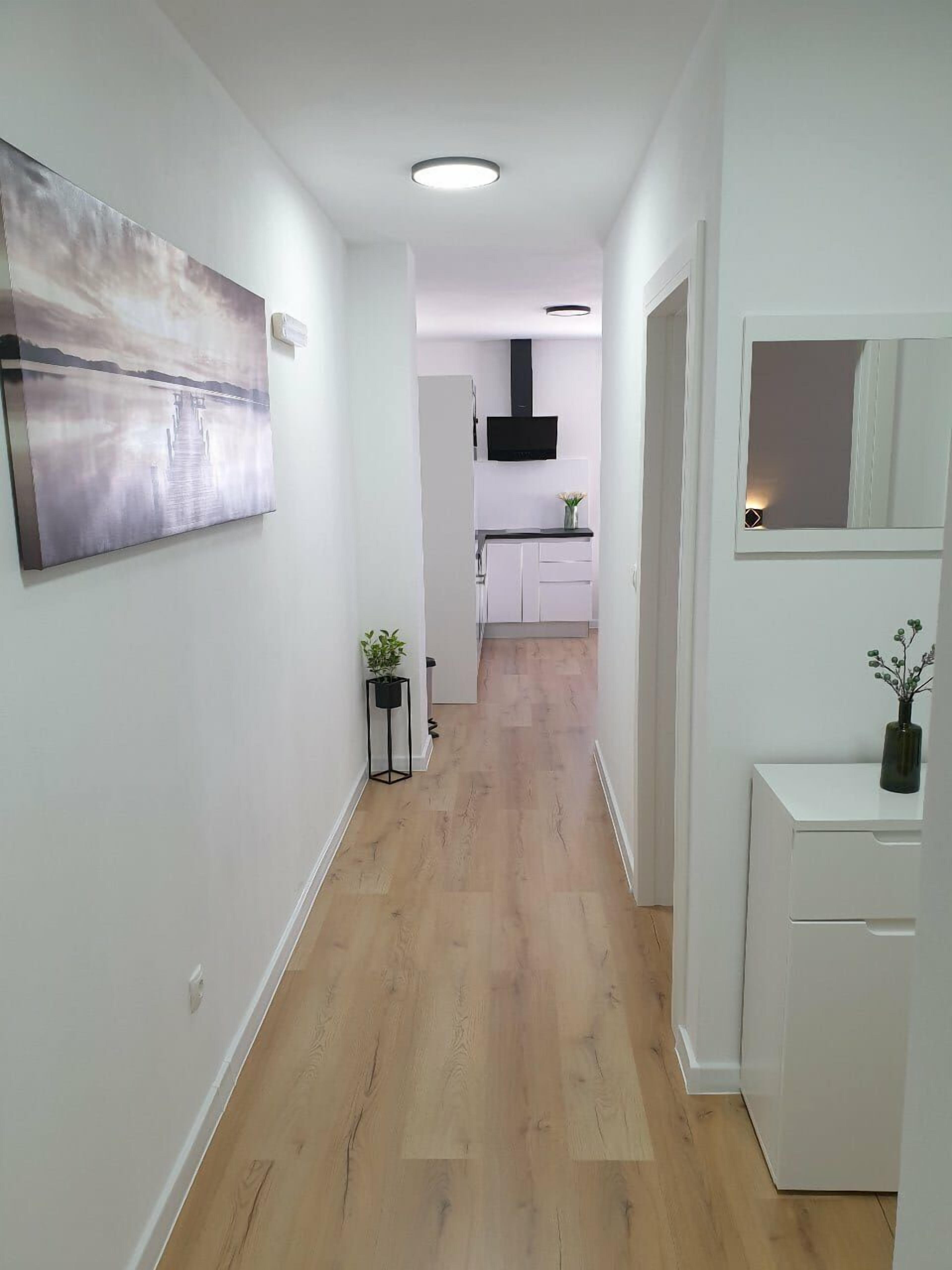 A hallway with a wooden floor, a painting on the left wall, a small plant, and a white cabinet on the right.
