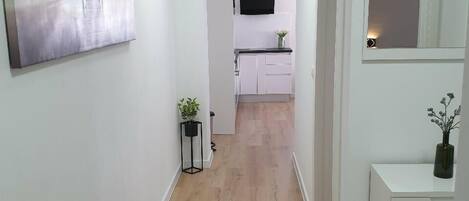A hallway with a wooden floor, a painting on the left wall, a small plant, and a white cabinet on the right.