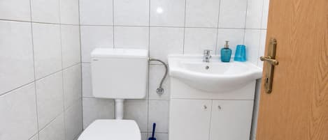 A small bathroom with a toilet, sink, and blue plunger.