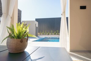 Ein Zimmer mit Blick auf ein Schwimmbecken, einer Topfpflanze und einem modernen architektonischen Design.