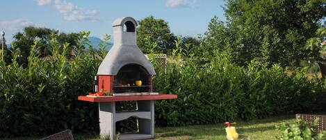 Una parrilla exterior con chimenea, una copa de vino tinto y un bol de manzanas verdes.