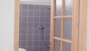 Shower, towels, soap, toilet paper